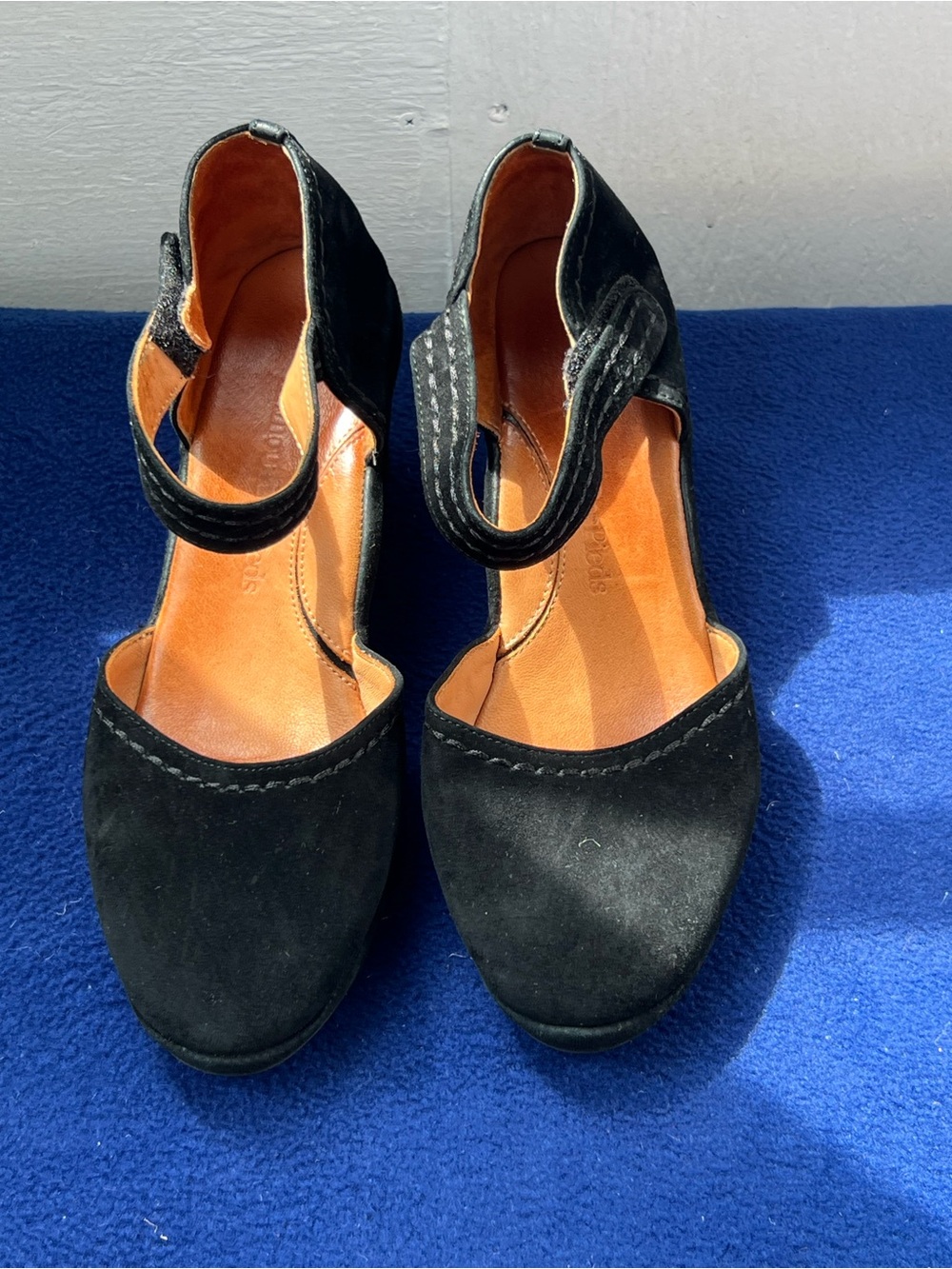 Black Suede Mary Jane Wedge Heels with Ankle Strap